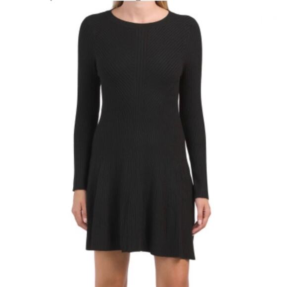 Elie Tahari Black Ribbed Mini Fit and Flare Sweater Dress NWT Small - Picture 1 of 12